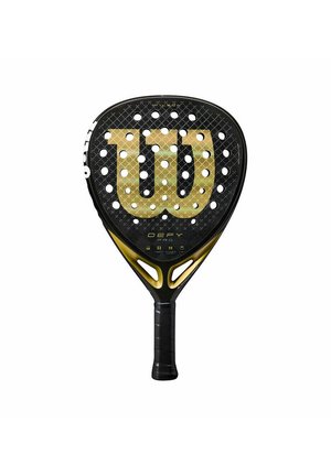 Padel-Schläger mit einem schwarzen und goldenen Design. Verfügt über eine strukturierte Oberfläche, runde Löcher und einen schwarzen Griff für verbesserten Halt und Kontrolle.