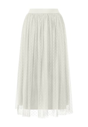 Tulle midi skirt with an elastic waistband, featuring a sheer, light gray fabric adorned with small dot patterns throughout.