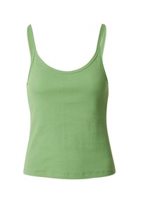 Grünes, geripptes Tanktop mit dünnen Trägern, taillierter Passform und glatter Textur. Keine erkennbaren Muster oder Hardware.