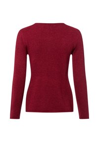 Langärmliger Damenpullover in einfarbigem Maroon, von hinten betrachtet, mit Rundhalsausschnitt und figurnaher Silhouette.