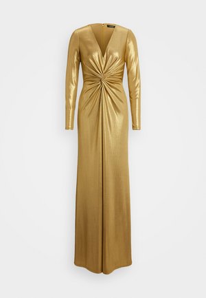 Vestido dorado de manga larga con un profundo escote en V, detalle de frente retorcido y silueta ajustada, confeccionado en una tela metálica brillante.