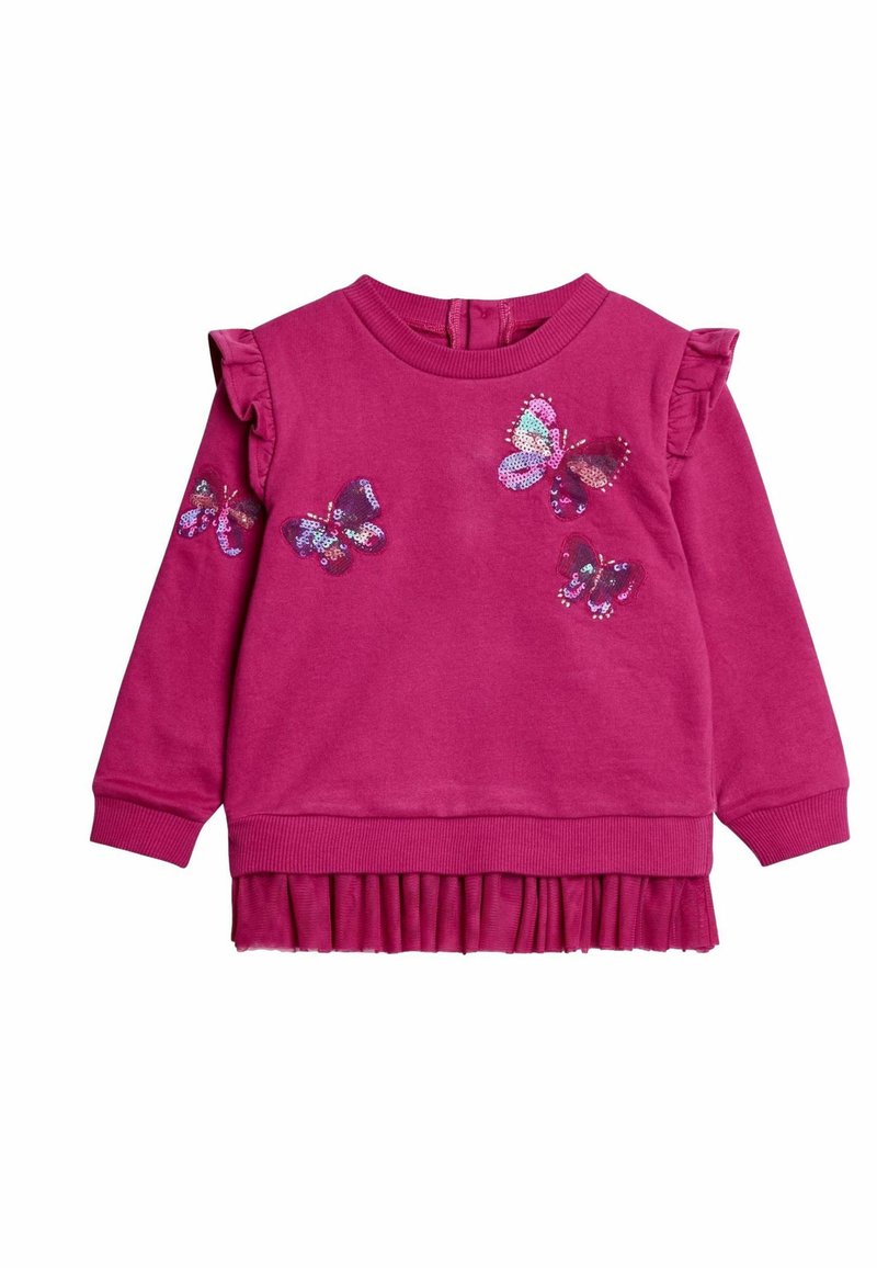Felpa rosa con maniche arricciate, decorata con motivi di farfalla in paillettes. Il fondo ha un orlo a pieghe testurizzato.