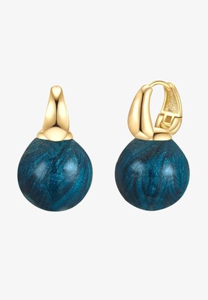 Pendientes de gota con un diseño azul en espiral y un acabado brillante, acentuados por elementos de hardware en tono dorado y detalles texturizados.