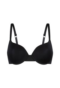 Reggiseno imbottito nero con spalline regolabili, texture liscia, design senza cuciture e una fascia centrale per supporto. Nessun motivo o accentuazione aggiuntivi.