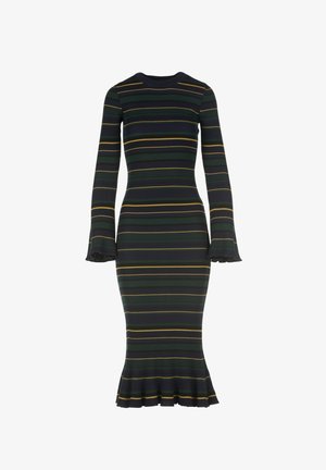 Ribbed knit dress with long sleeves, green and black horizontal stripes, flared sleeve cuffs, and a flared hemline.