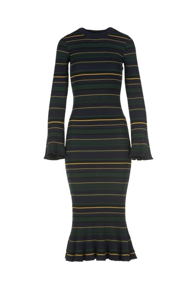 Racsos kötésű ruha hosszú ujjal, zöld és fekete vízszintes csíkokkal, bővülő ujjvégekkel és bővülő szegéllyel.