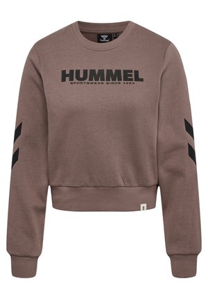 Brązowa krótka bluza z czarnym logo "HUMMEL", wzory w jodełkę na rękawach, prążkowane mankiety i okrągły dekolt.
