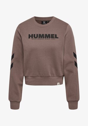 Brązowa krótka bluza z czarnym logo "HUMMEL", wzory w jodełkę na rękawach, prążkowane mankiety i okrągły dekolt.