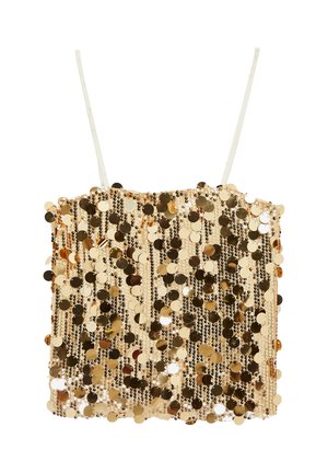 Haut court carré couvert de sequins dorés avec fines bretelles blanches spaghetti et une surface brillante et réfléchissante.