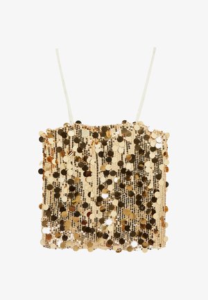 Haut court carré couvert de sequins dorés avec fines bretelles blanches spaghetti et une surface brillante et réfléchissante.