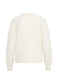 Pull blanc en maille à manches longues avec col rond et poignets côtelés, vu de dos sur un fond blanc uni.