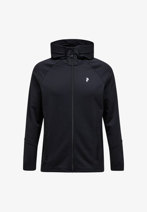 Schwarze Kapuzenjacke aus glattem Stoff mit einem durchgehenden Reißverschluss, zwei Seitentaschen und einem kleinen Logo auf der linken Brust.