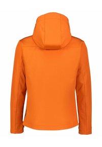 Orangene Softshelljacke mit Kapuze, die eine glatte Textur, lange Ärmel und kontrastierende Farbakzente an den Seiten aufweist.