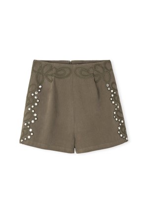 Olijfgroene shorts met decoratieve gestikte patronen en zilveren accenten aan de zijkanten. Gemaakt van een gestructureerde stof, met een rits aan de achterkant.