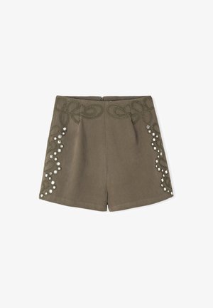 Olijfgroene shorts met decoratieve gestikte patronen en zilveren accenten aan de zijkanten. Gemaakt van een gestructureerde stof, met een rits aan de achterkant.