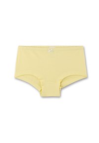 Gelbe Baumwoll-Boyshorts mit weicher Textur, versehen mit einem weißen Ripsband-Akzent an der vorderen Mitte und einem elastischen Bund.