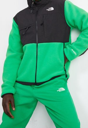 Person trägt grünen Fleece-Pullover mit schwarzem Oberteil und passende grüne Hose, beide mit dem The North Face Logo versehen.