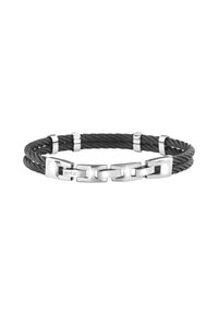 Bracciale in corda intrecciata nera con accenti e collegamenti in metallo tono argento, dotato di una chiusura rettangolare e logo del marchio incassato.