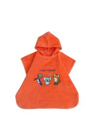 Orange hooded children's poncho with "Jungle Friends" text and colorful cartoon toucan, koala, and leopard illustrations on front.