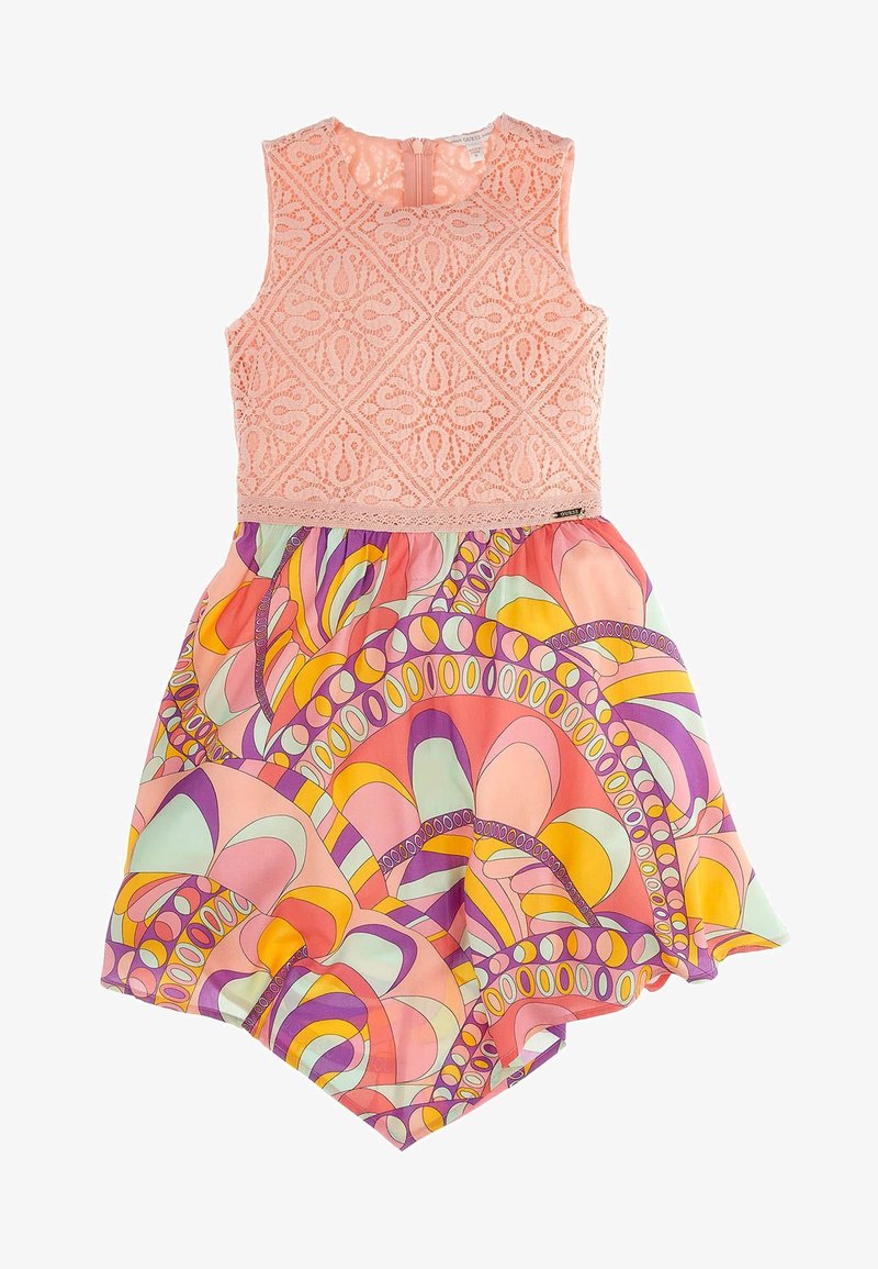 Cuerpo de encaje rosa con patrón geométrico y cremallera en la parte trasera, combinado con una falda swirling multicolor en tonos púrpura, naranja y pasteles.