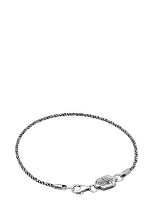 Silver twisted chain bracelet featuring a decorative clasp with an engraved design, smooth texture, and a streamlined shape.