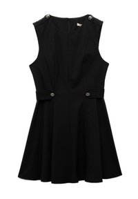 Schwarzes ärmelloses Kleid mit tailliertem Oberteil, ausgestelltem Rock, zwei vorderen Taschen und silbernen Knopfapplikationen an den Schultern, gefertigt aus einem glatten Stoff.