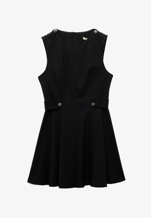 Schwarzes ärmelloses Kleid mit tailliertem Oberteil, ausgestelltem Rock, zwei vorderen Taschen und silbernen Knopfapplikationen an den Schultern, gefertigt aus einem glatten Stoff.