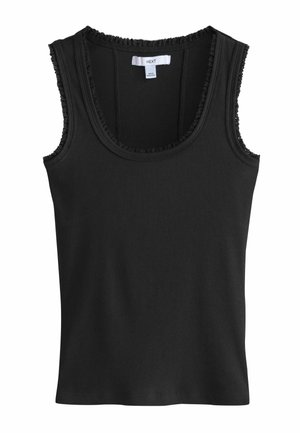 Zwart geribd mouwloos tanktop met kantafwerking rond de ronde halslijn en armopeningen, maat medium.
