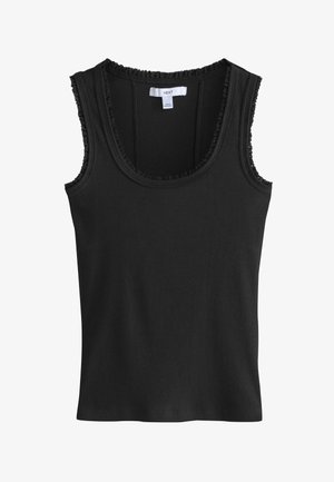 Schwarzes, geripptes ärmelloses Tanktop mit Spitzensaum rund um den Rundhalsausschnitt und die Armlöcher, Größe M.