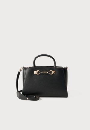 Black leather handbag with a structured design, gold-tone hardware, a top handle, and a detachable shoulder strap, featuring a logo plaque.