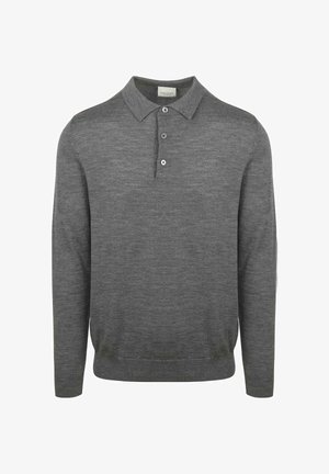 Grijze lange mouwen polo trui gemaakt van zachte stof. Heeft een klassieke kraag, een drieknoopssluiting en geribbelde manchetten en zoom.
