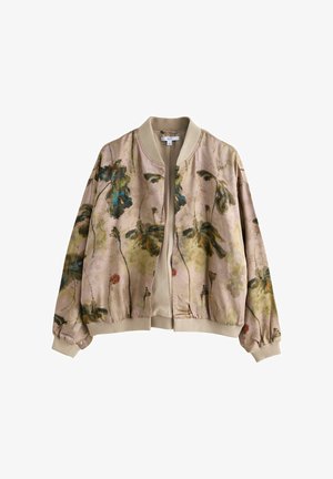 Bomber jacket v světle růžové barvě se květinovým vzorem s zelenými a modrými akcenty. Žebrovaný límec, manžety a pas. Saténová textura.