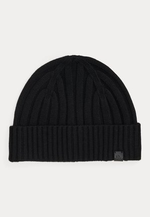 LEATHER TRIM RIB KNIT BEANIE - Gorro - black