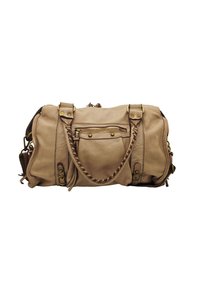 Sac à main en cuir beige avec des poignées tressées, quincaillerie dorée, une poche zippée à l'avant et plusieurs points d'attache pour les sangles.