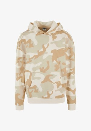 Camo-Hoodie aus weichem Material, mit einem beigen und cremefarbenen Camouflage-Muster, einer vorderen Kängurutasche sowie gerippten Bündchen und Saum.