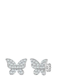 Srebrne uhane v obliki metulja, okrašene s prozornimi kristali, s skrbno oblikovanim dizajnom z zaobljenimi krili in varnim zatičem na hrbtni strani.