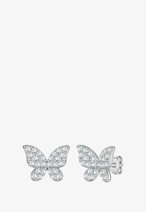 Srebrne uhane v obliki metulja, okrašene s prozornimi kristali, s skrbno oblikovanim dizajnom z zaobljenimi krili in varnim zatičem na hrbtni strani.