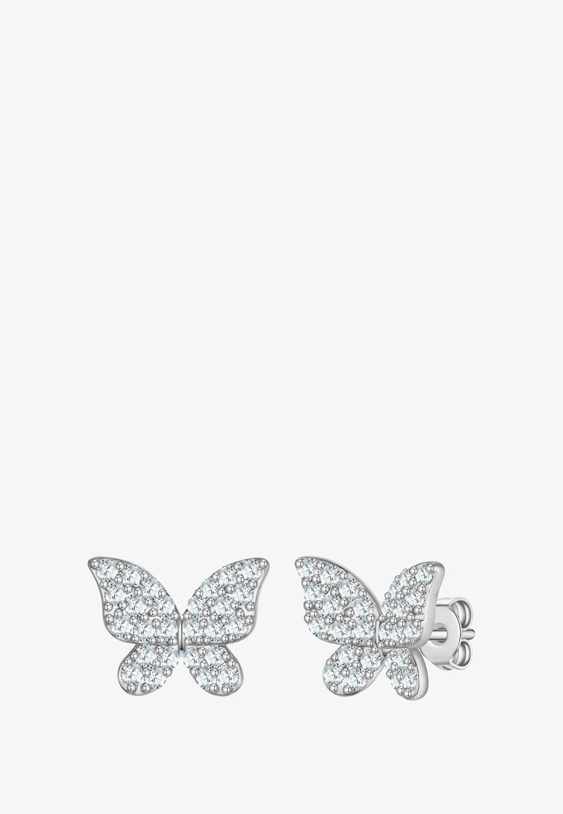 Strieborné náušnice vo forme motýľa ozdobené čírymi kryštálmi, s jemným dizajnom a zaoblenými krídlami, ktoré majú bezpečné zapínanie na zadočku.
