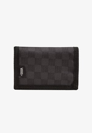 Black fabric wallet with a textured surface, featuring a checkerboard pattern. Edges are finished with black stitching. Small logo tag on the side.