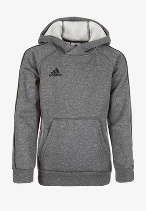 Sudadera gris, fabricada en tejido suave, con un bolsillo frontal tipo canguro, logotipo de Adidas en negro en el lado izquierdo del pecho, costuras en contraste y capucha ajustable con cordón.