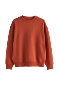 Rdzawoczerwony sweatshirt wykonany z miękkiego materiału. Posiada ściągaczowy dekolt, obniżone ramiona i dopasowane mankiety. Brak widocznych wzorów lub grafik.