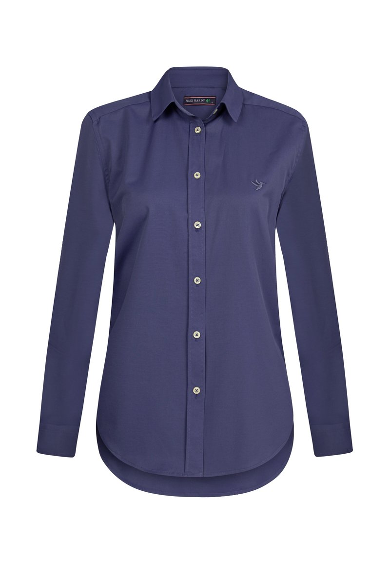 Camicia a maniche lunghe in cotone blu scuro con abbottonatura frontale, orlo arrotondato e un piccolo logo di un uccello ricamato sul petto.