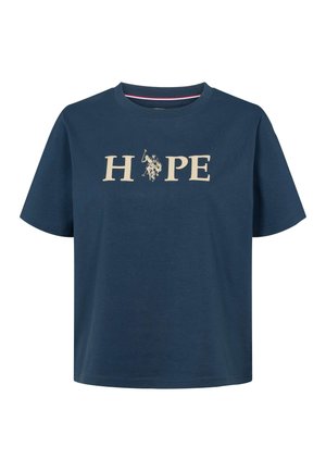 Mörkblå bomulls-T-shirt med avslappnad passform, med ordet "HOPE" i beige och en grafik av en ryttare. Rund halsringning.