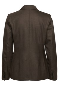 Hnědý oblekový blazer s výstřihovými klopami, panelovým zadním dílem a štíhlým siluetou s černými knoflíky na manžetách. Hladká textilie.