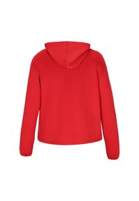 Rode hoodie met een zachte textuur, lange mouwen en een ontspannen pasvorm. Schoon ontwerp zonder zichtbare logo's of patronen.