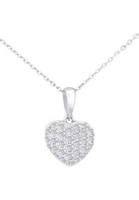 Collana a forma di cuore in argento con superficie testurizzata, caratterizzata da molteplici piccole pietre incastonate in file, attaccata a una delicata catena.