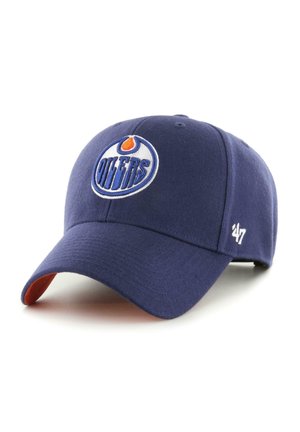 Navy blue baseball cap featuring embroidered "Oilers" logo, curved brim, and adjustable back. Inner lining is orange.