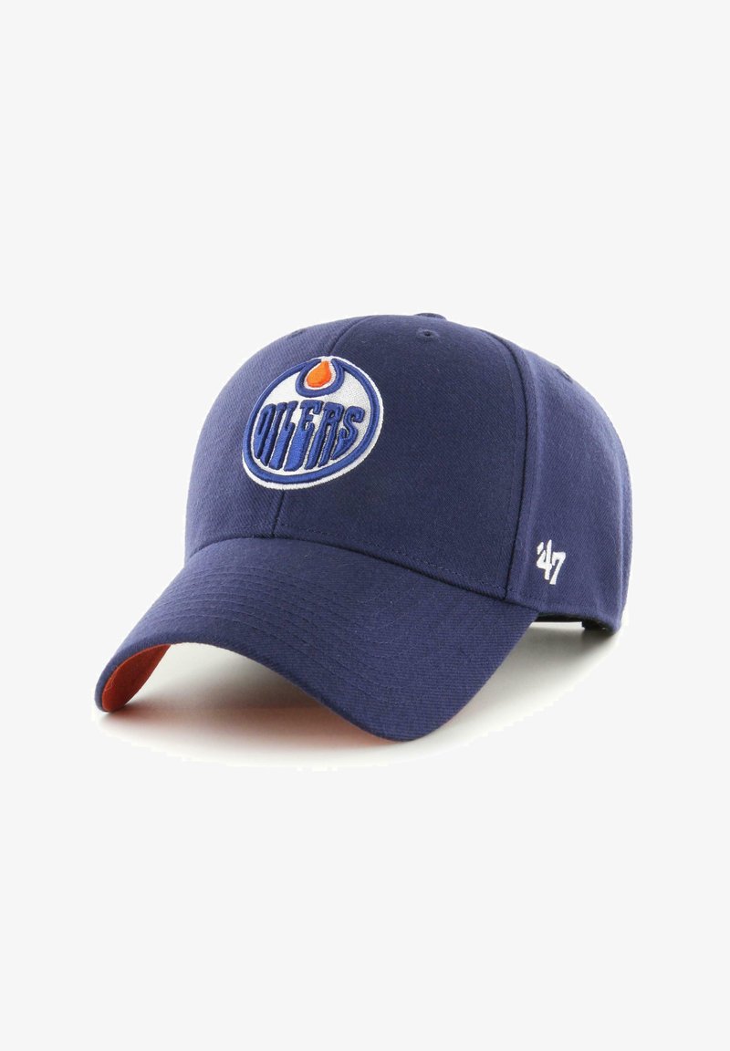 Casquette de baseball bleu marine avec logo "Oilers" brodé, visière incurvée et arrière ajustable. La doublure intérieure est orange.