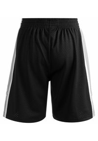 Shorts de sport noirs avec texture en maille, taille élastique et bandes blanches sur les côtés. Longueur jusqu'à mi-cuisse, avec des trous de ventilation.