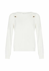 Bílý pletený svetr s kulatým výstřihem, žebrovanou strukturou a dlouhými rukávy. Na ramenou dva akcenty ze zlatých knoflíků.